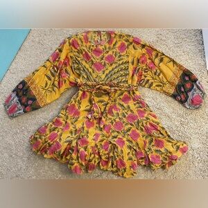 RHODE RESORT Ella pink yellow floral long sleeve knee length dress medium m